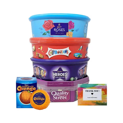 【2024 X’mas Limited Time Sales+ Free Shipping】Christmas Chocolate Tubs – 5 Pack – Roses, Heroes, Quality Street, Celebrations and 1 Terry’s Orange Chocolates + Topline Card