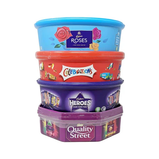 【2024 X’mas Limited Time Sales+ Free Shipping】Christmas Chocolate Tubs – 5 Pack – Roses, Heroes, Quality Street, Celebrations and 1 Terry’s Orange Chocolates + Topline Card