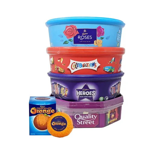 【2024 X’mas Limited Time Sales+ Free Shipping】Christmas Chocolate Tubs – 5 Pack – Roses, Heroes, Quality Street, Celebrations and 1 Terry’s Orange Chocolates + Topline Card